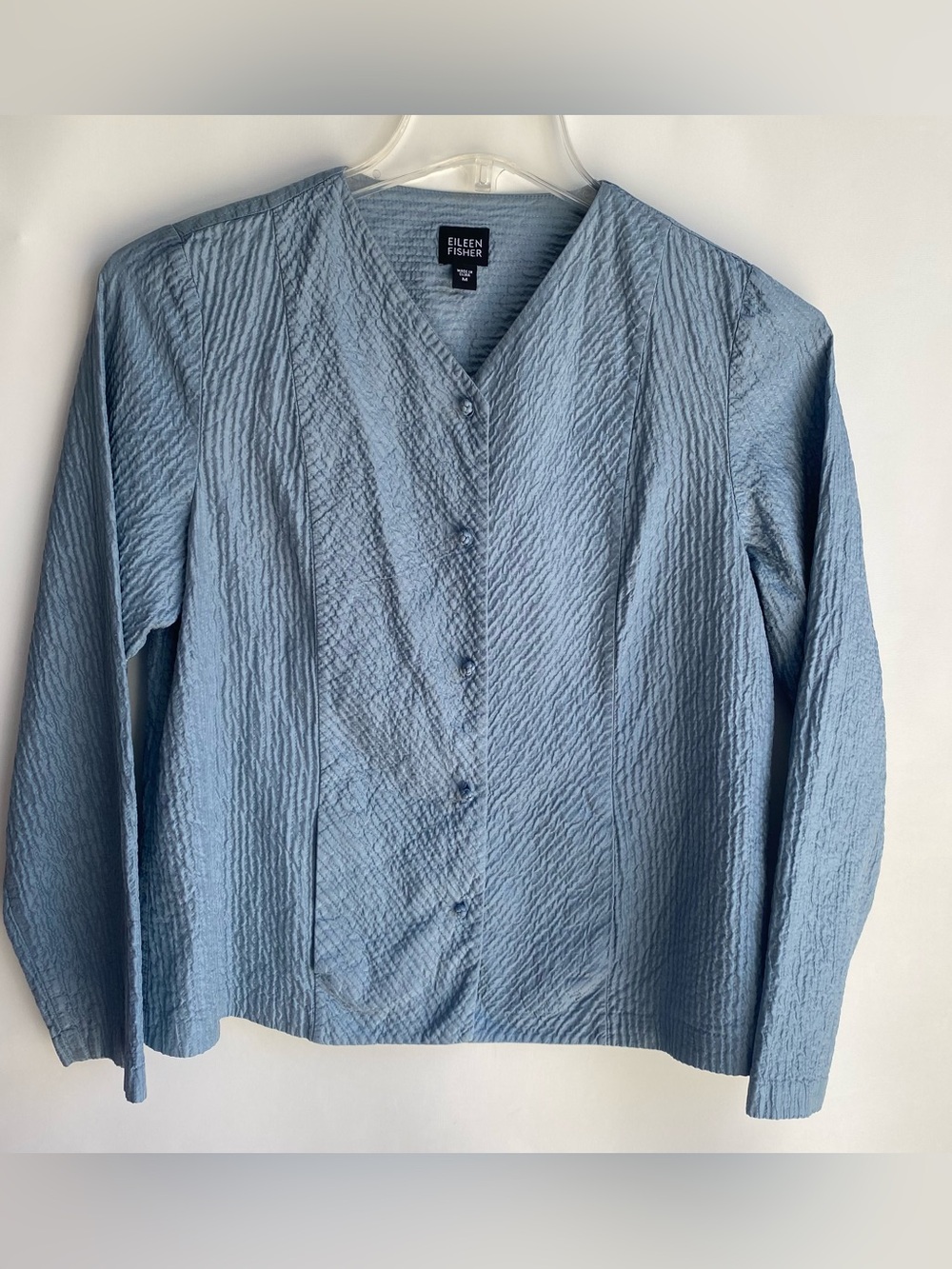Eileen Fisher light blue silk crepe quilted v-neck lightweight jacket medium